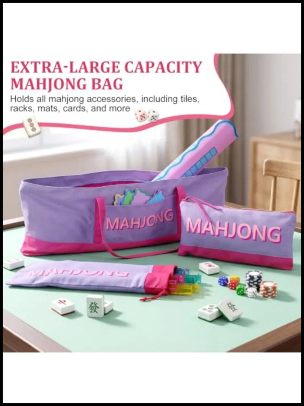 Extra Long Mahjong Bag Set - 3 Piece Canvas Tiles Racks Mat Storage Carry All